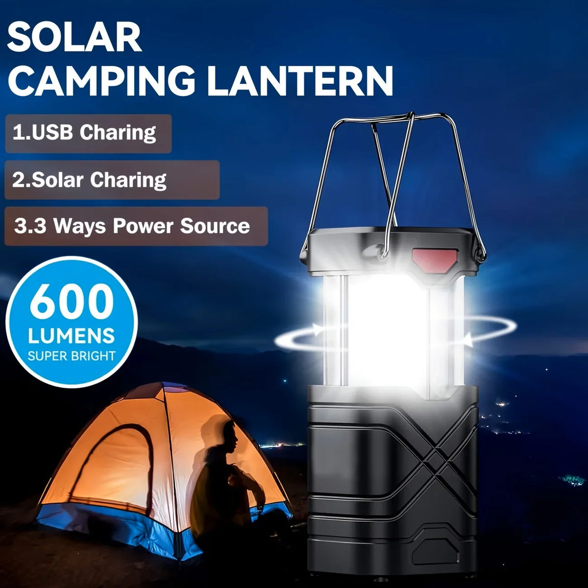 Rechargeable LED Camping Lantern, 600 Lumens, 3 Brightness Settings, USB Output, Collapsible, 2-Pack or 4-Pack - product view 6