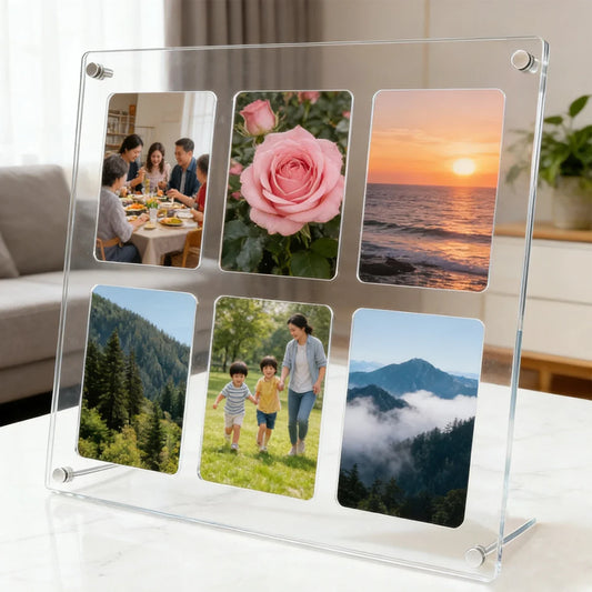 Acrylic Floating Frame, 6-Grid Desktop Photo and Card Display with Anti-Slip Grooves, 9×6 cm Slots, Modern Rectangle Design - product view 1