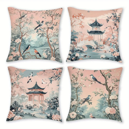 Vintage Floral Patio Cushion Covers, 100% Polyester Jacquard, Removable Washable Pillowcases, 4-Piece Sets in 5 Sizes - product view 1
