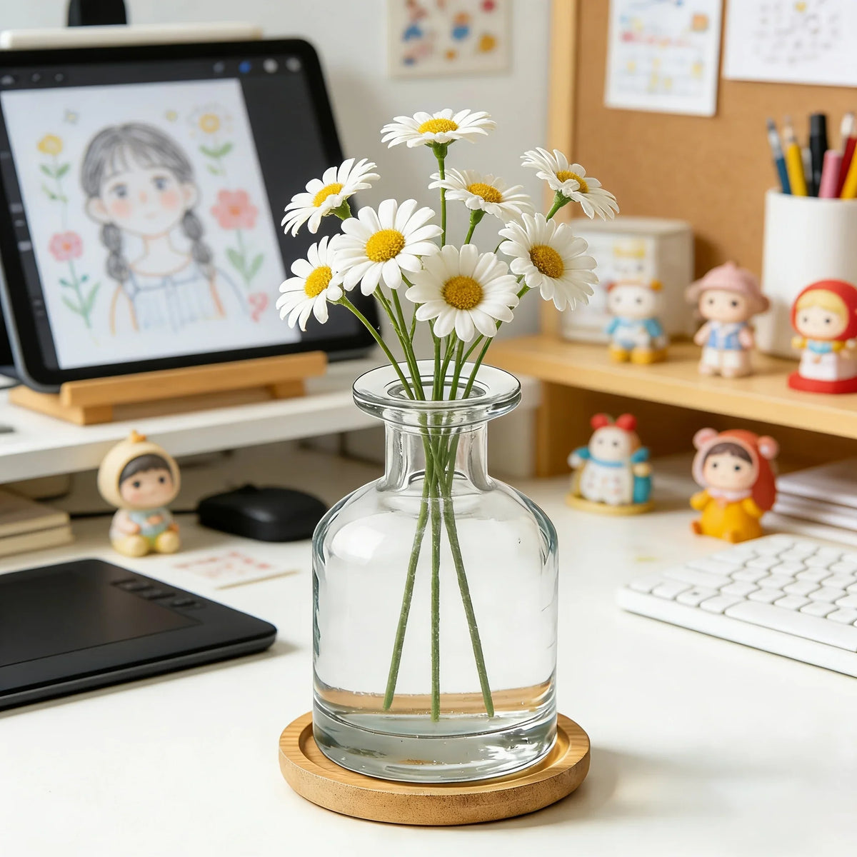 Clear Glass Hydroponic Vase with Bamboo Base, Mini Desktop Planter for Small Plants, Cylindrical-85 Design - product view 3