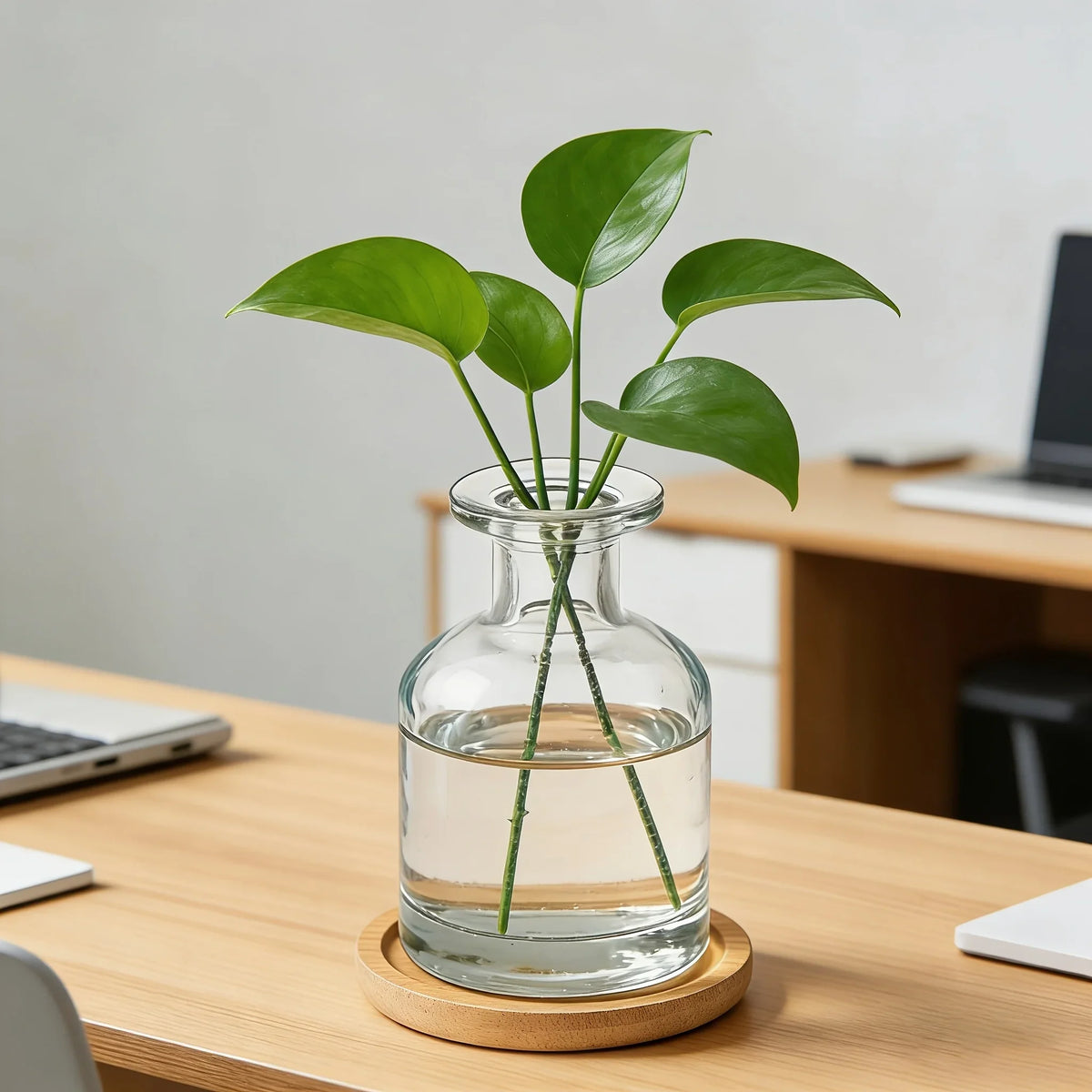 Clear Glass Hydroponic Vase with Bamboo Base, Mini Desktop Planter for Small Plants, Cylindrical-85 Design - product view 4