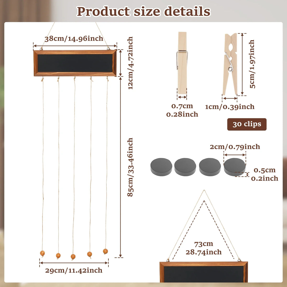Multi-Opening Collage Frame, Hanging Photo Display Board with Wooden Clips, Magnetic Stickers and Writable Surface - product view 3