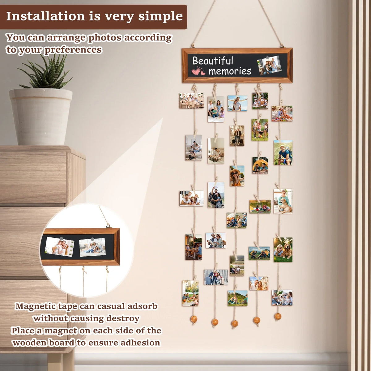 Multi-Opening Collage Frame, Hanging Photo Display Board with Wooden Clips, Magnetic Stickers and Writable Surface - product view 5