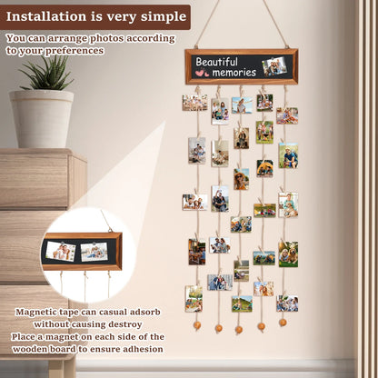 Multi-Opening Collage Frame, Hanging Photo Display Board with Wooden Clips, Magnetic Stickers and Writable Surface - product view 5