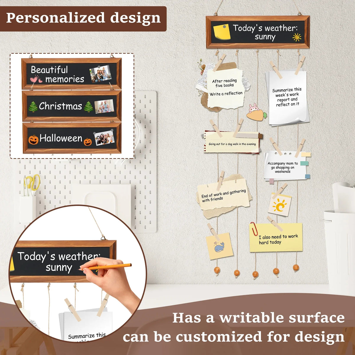 Multi-Opening Collage Frame, Hanging Photo Display Board with Wooden Clips, Magnetic Stickers and Writable Surface - product view 6