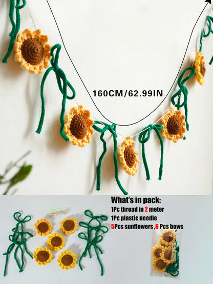 Crochet Sunflower Garland, Pastoral Polyester Floral Wall Hanging with Pom Poms or Bows for Spring, Weddings and Nurseries - product view 1