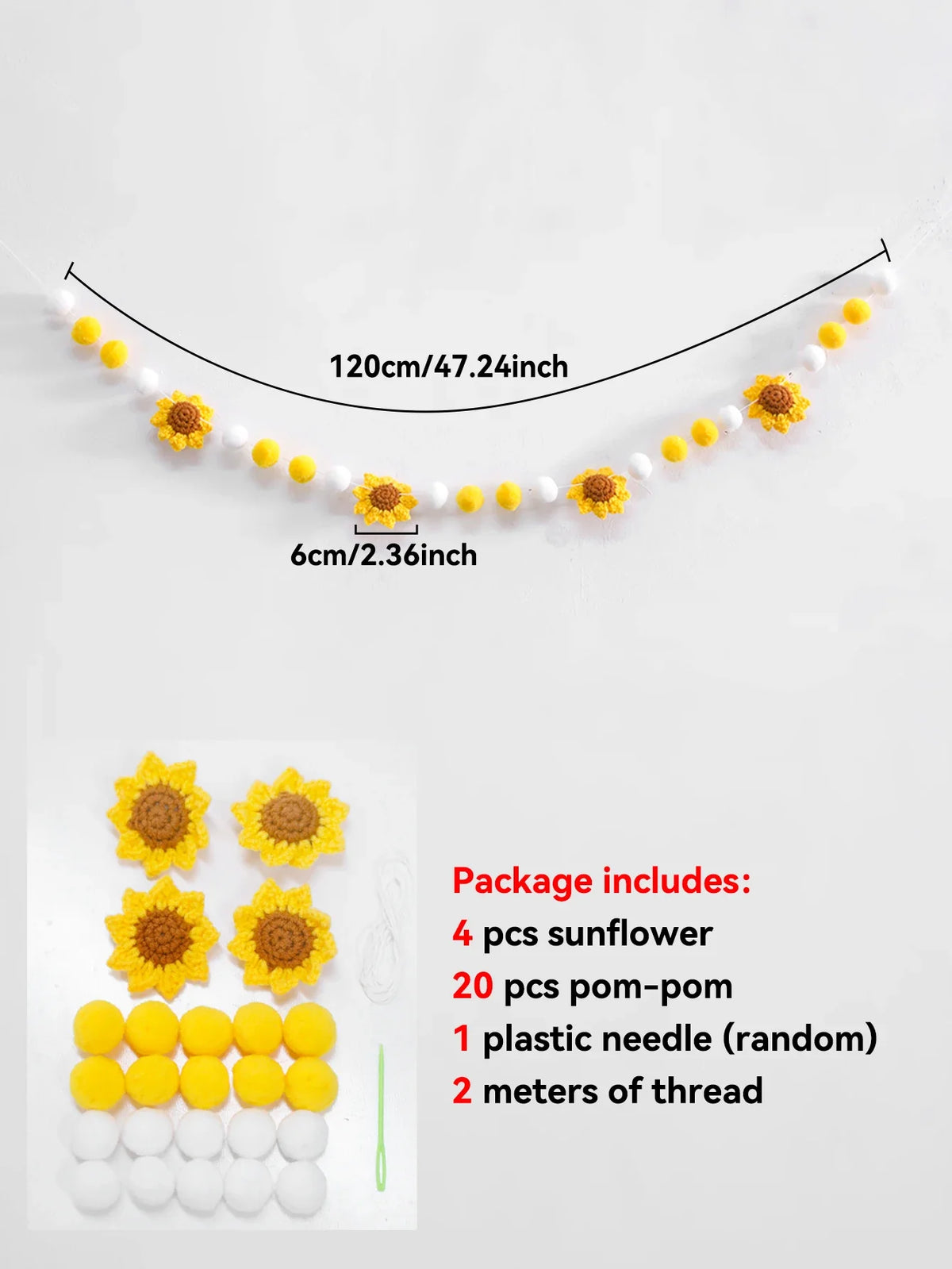 Crochet Sunflower Garland, Pastoral Polyester Floral Wall Hanging with Pom Poms or Bows for Spring, Weddings and Nurseries - product view 2