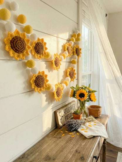Crochet Sunflower Garland, Pastoral Polyester Floral Wall Hanging with Pom Poms or Bows for Spring, Weddings and Nurseries - product view 3