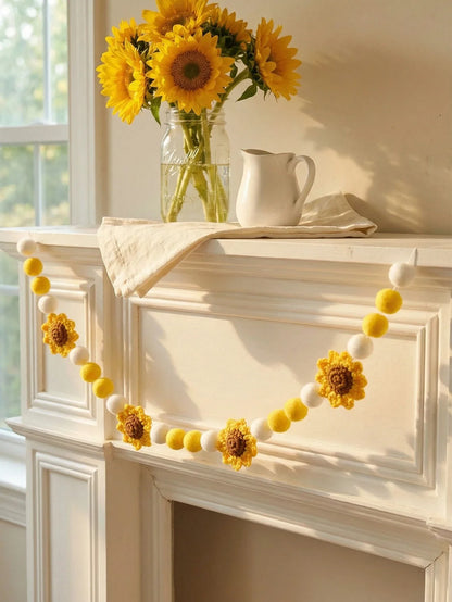 Crochet Sunflower Garland, Pastoral Polyester Floral Wall Hanging with Pom Poms or Bows for Spring, Weddings and Nurseries - product view 4