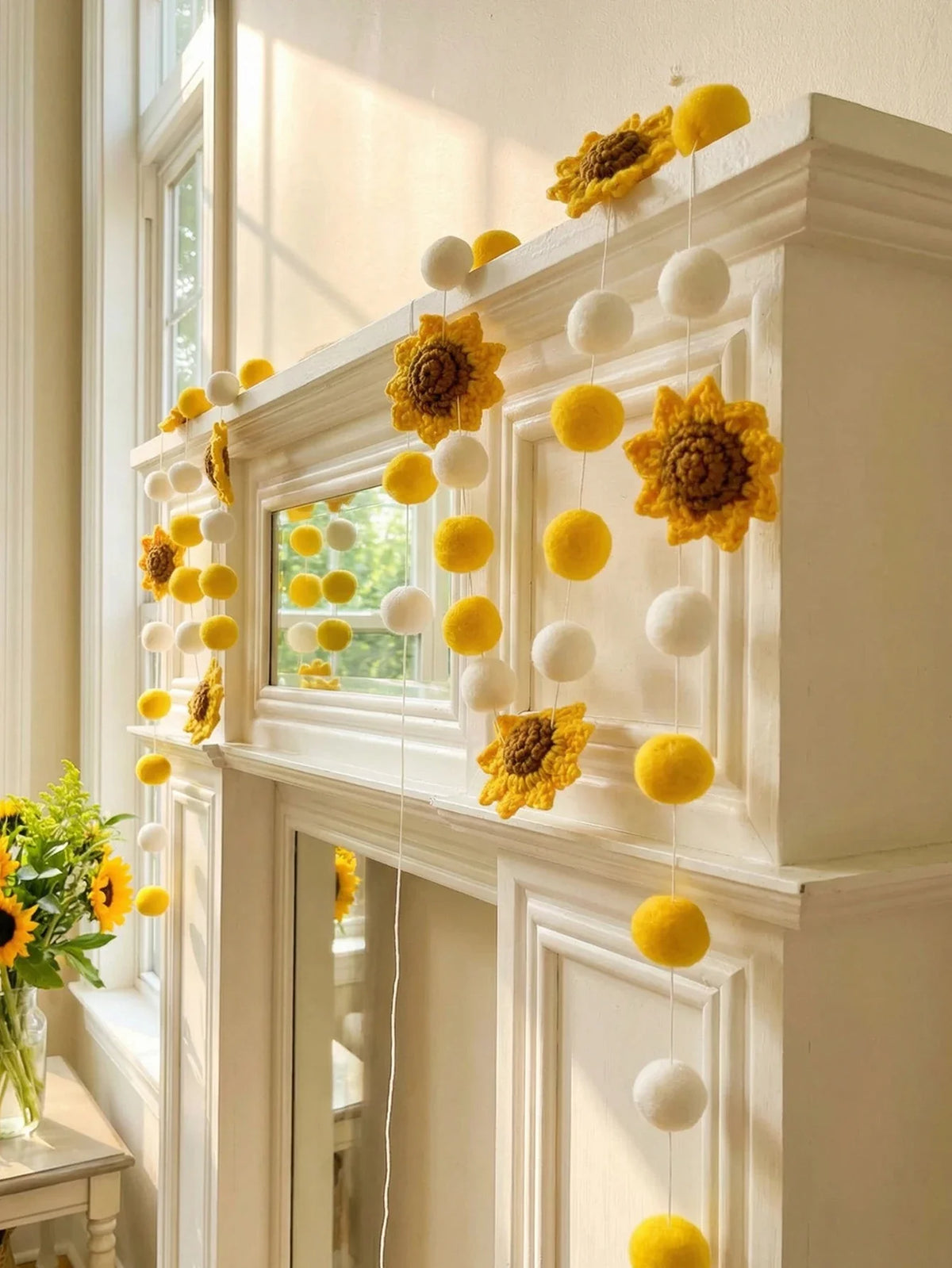 Crochet Sunflower Garland, Pastoral Polyester Floral Wall Hanging with Pom Poms or Bows for Spring, Weddings and Nurseries - product view 5