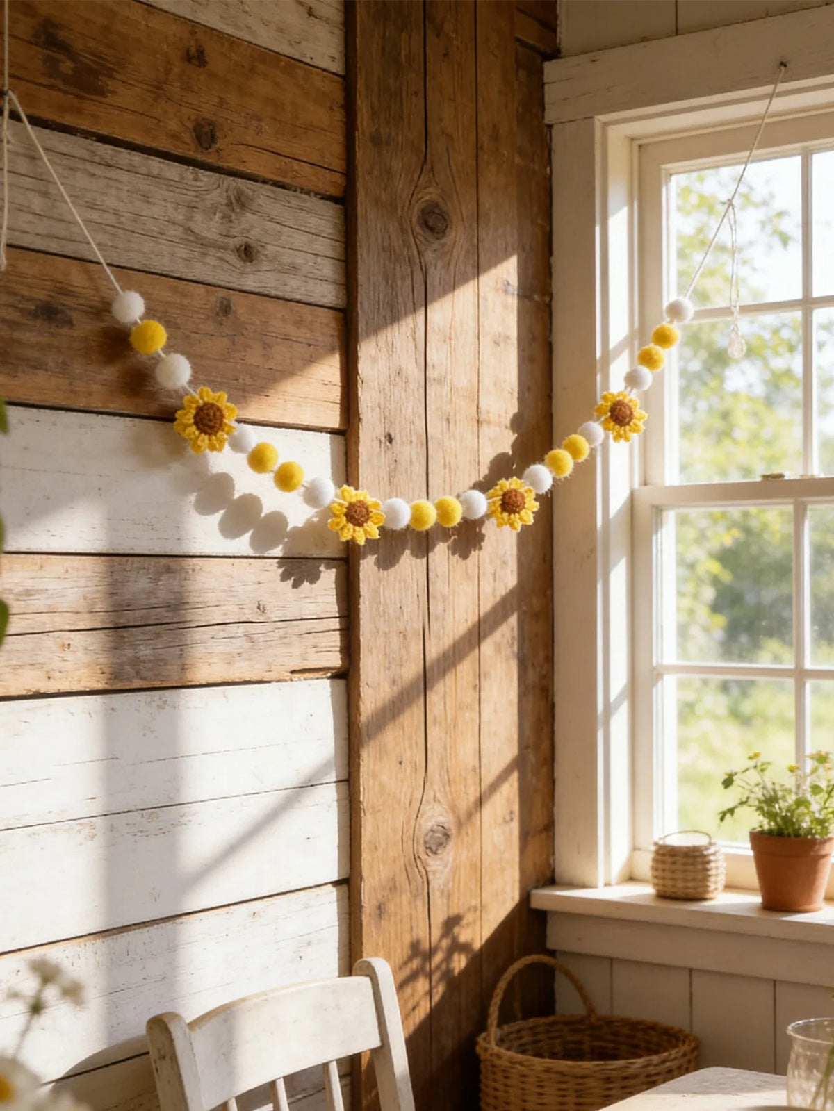 Crochet Sunflower Garland, Pastoral Polyester Floral Wall Hanging with Pom Poms or Bows for Spring, Weddings and Nurseries - product view 6