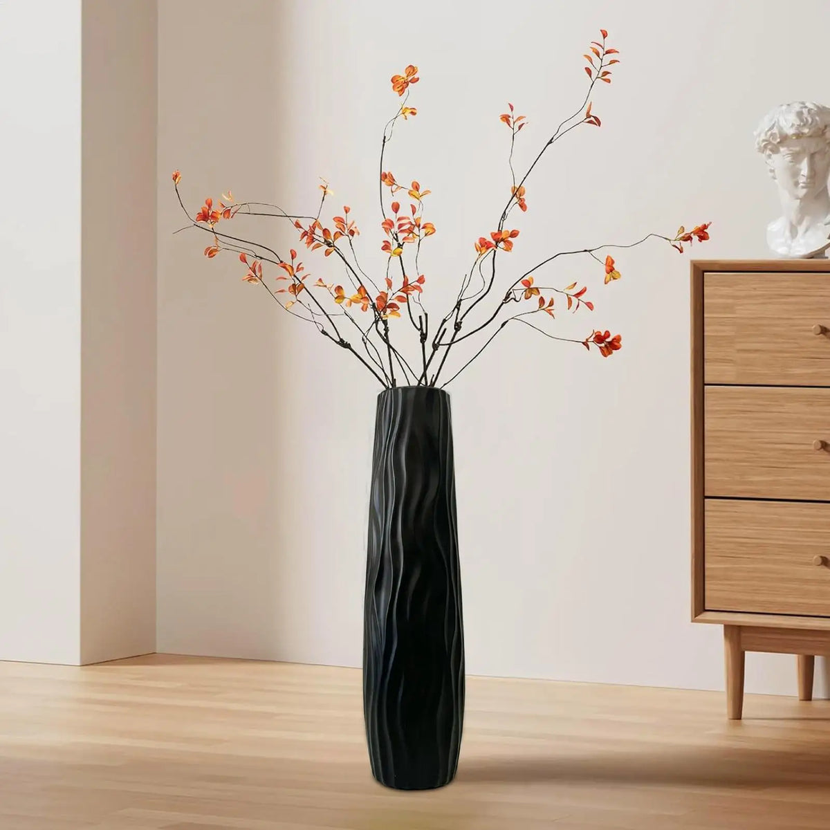 Large Floor Vase, 3D Relief Textured Plastic, Modern Standing Flower Holder for Dried Arrangements, White or Black, 58 x 11cm - product view 3
