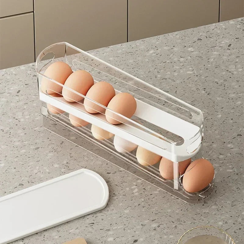 Double-Layer Refrigerator Egg Organizer, Automatic Rolling Holder with Transparent Body, White Lid and Stackable Design - product view 3