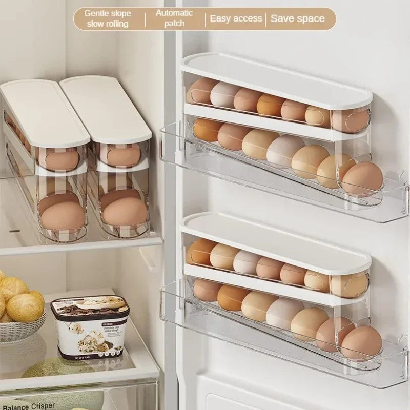 Double-Layer Refrigerator Egg Organizer, Automatic Rolling Holder with Transparent Body, White Lid and Stackable Design - product view 4