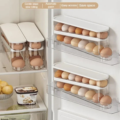Double-Layer Refrigerator Egg Organizer, Automatic Rolling Holder with Transparent Body, White Lid and Stackable Design - product view 4