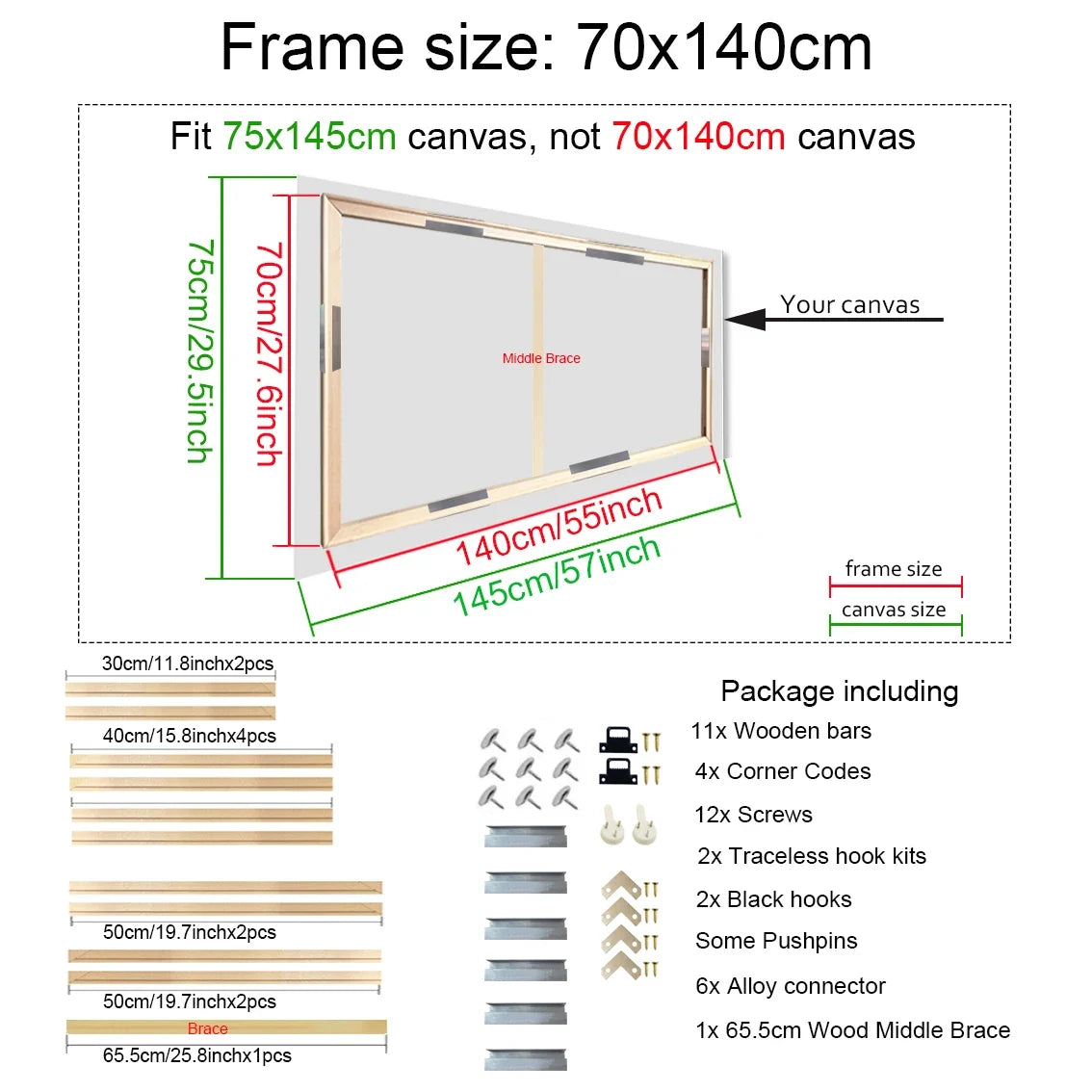 Large Wooden Poster Frame, 70 x 140 cm Rectangular Pastoral-Style Wall Frame for Canvas and Picture Décor - product view 1