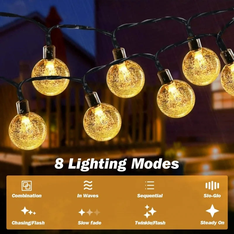 Solar String Lights, 60 LED Crystal Globe Lights, 8 Modes, Auto On/Off, 3 Lengths and 3 Light Colors - product view 6
