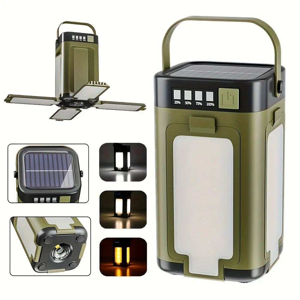 Solar Camping Lantern, 15W LED Rechargeable Tent Light, 6 Modes, USB-C, Foldable Panels, Hook and Power Bank - product view 1