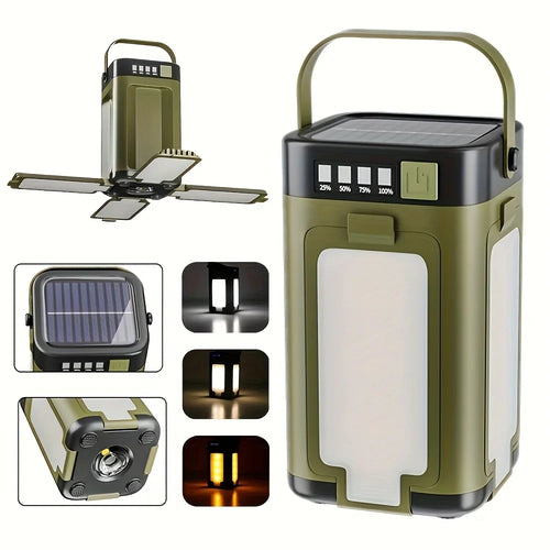 Solar Camping Lantern, 15W LED Rechargeable Tent Light, 6 Modes, USB-C, Foldable Panels, Hook and Power Bank - product view 1
