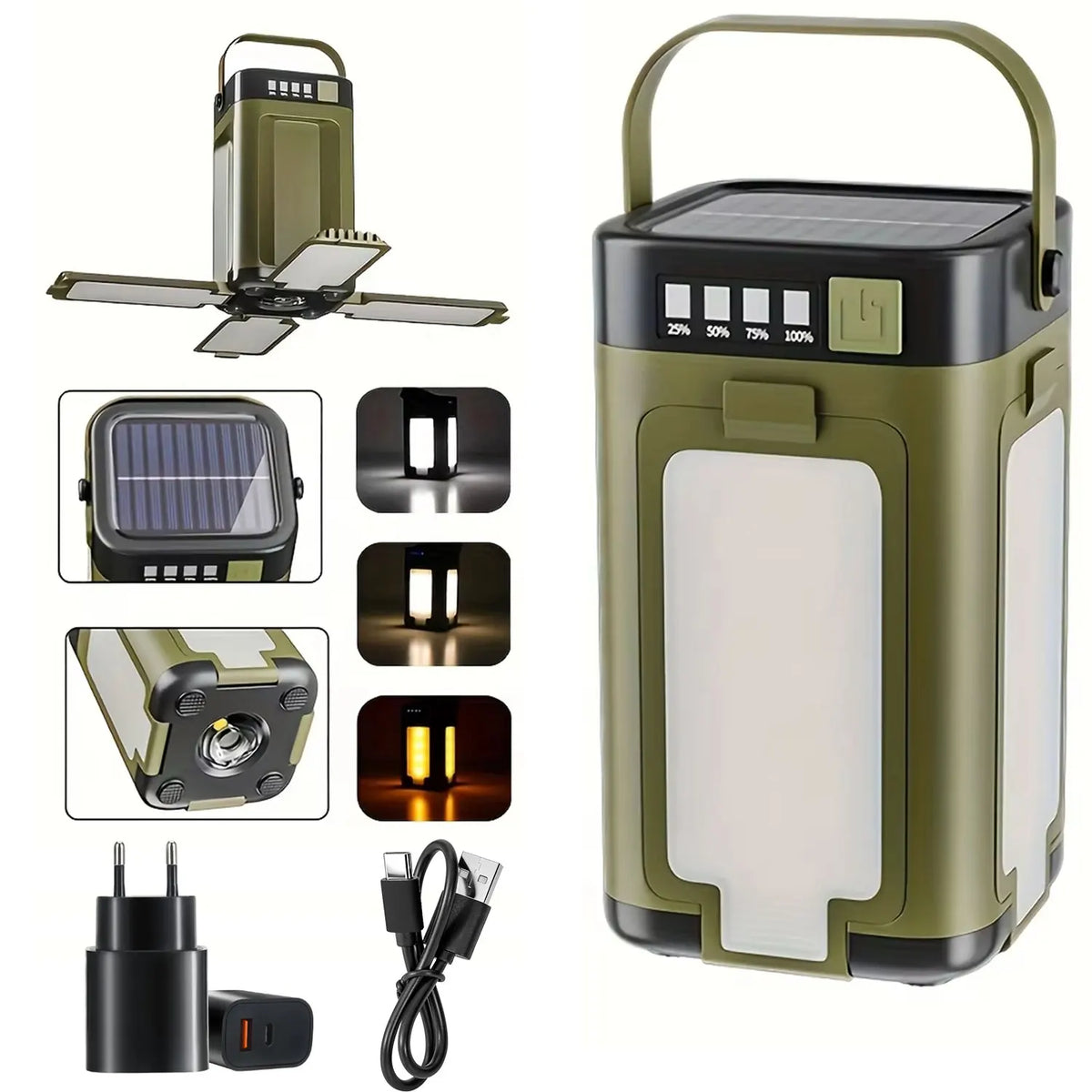 Solar Camping Lantern, 15W LED Rechargeable Tent Light, 6 Modes, USB-C, Foldable Panels, Hook and Power Bank - product view 3