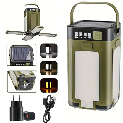 Solar Camping Lantern, 15W LED Rechargeable Tent Light, 6 Modes, USB-C, Foldable Panels, Hook and Power Bank - product view 3