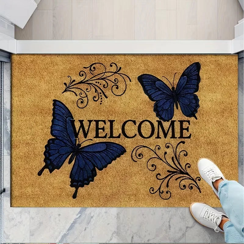 Welcome Entry Doormat, Anti-Slip Machine-Made Polyester Floor Mat, Modern Plant Pattern, 40x60cm or 50x80cm - product view 1