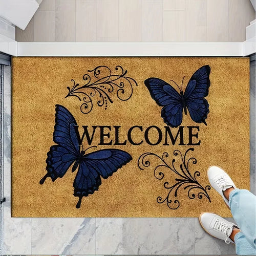 Welcome Entry Doormat, Anti-Slip Machine-Made Polyester Floor Mat, Modern Plant Pattern, 40x60cm or 50x80cm - product view 1