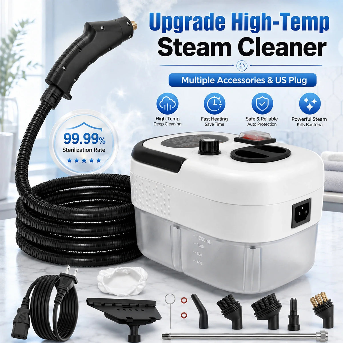 Handheld Steam Cleaner, 2500W High-Temperature 105°C, 3 Bar Pressure, 1200 ml Tank, 6-Level Control, US Plug - product view 6