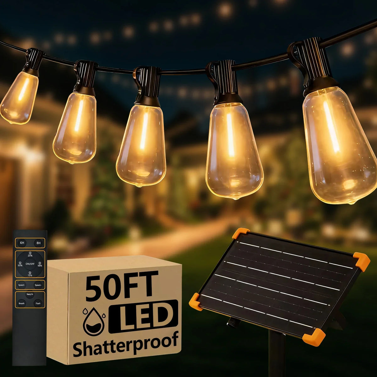 Solar String Lights, 50FT 2700K Warm White LED Balls, Remote Control, 12 Bulbs, Waterproof Outdoor Patio Decor - product view 1