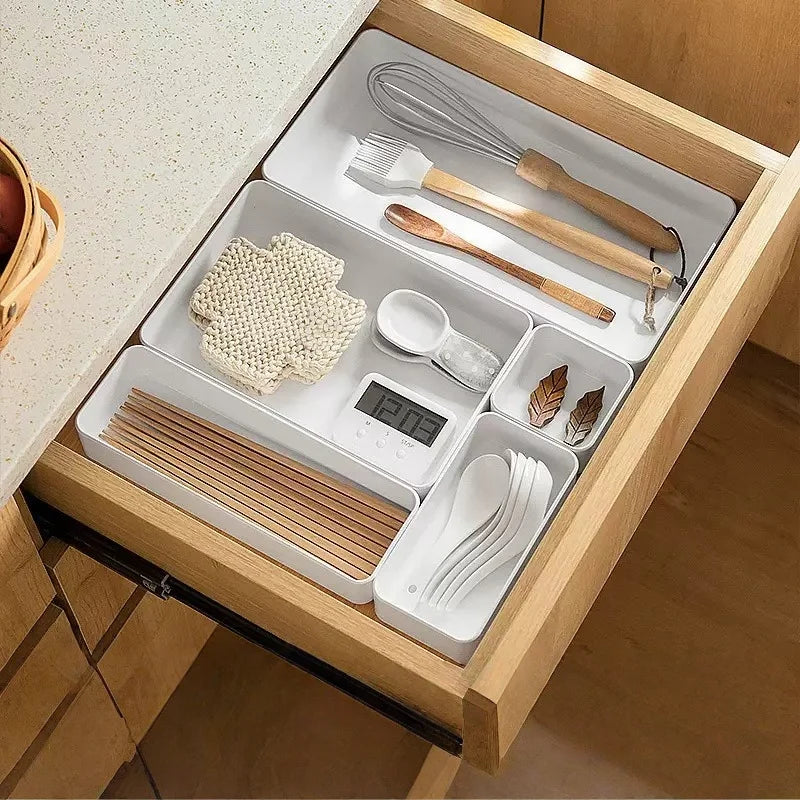 7-Piece Plastic Drawer Organizer Set, Interlocking Storage Trays in 3 Sizes for Vanity, Kitchen, Office and Bathroom, White - product view 3