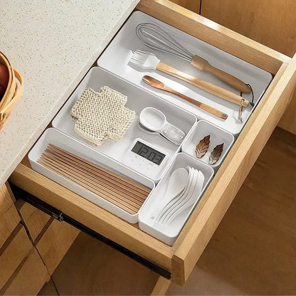 7-Piece Plastic Drawer Organizer Set, Interlocking Storage Trays in 3 Sizes for Vanity, Kitchen, Office and Bathroom, White - product view 3