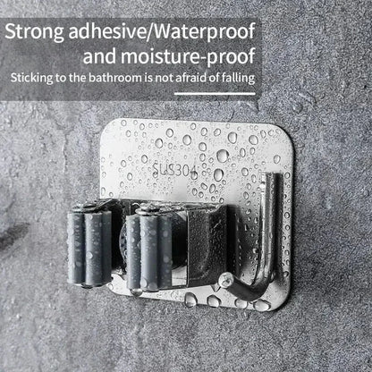 Adhesive Broom Wall Holder, Stainless Steel Multipurpose Mop Hanger with Hooks for Kitchen, Bathroom and Utility Areas - product view 6