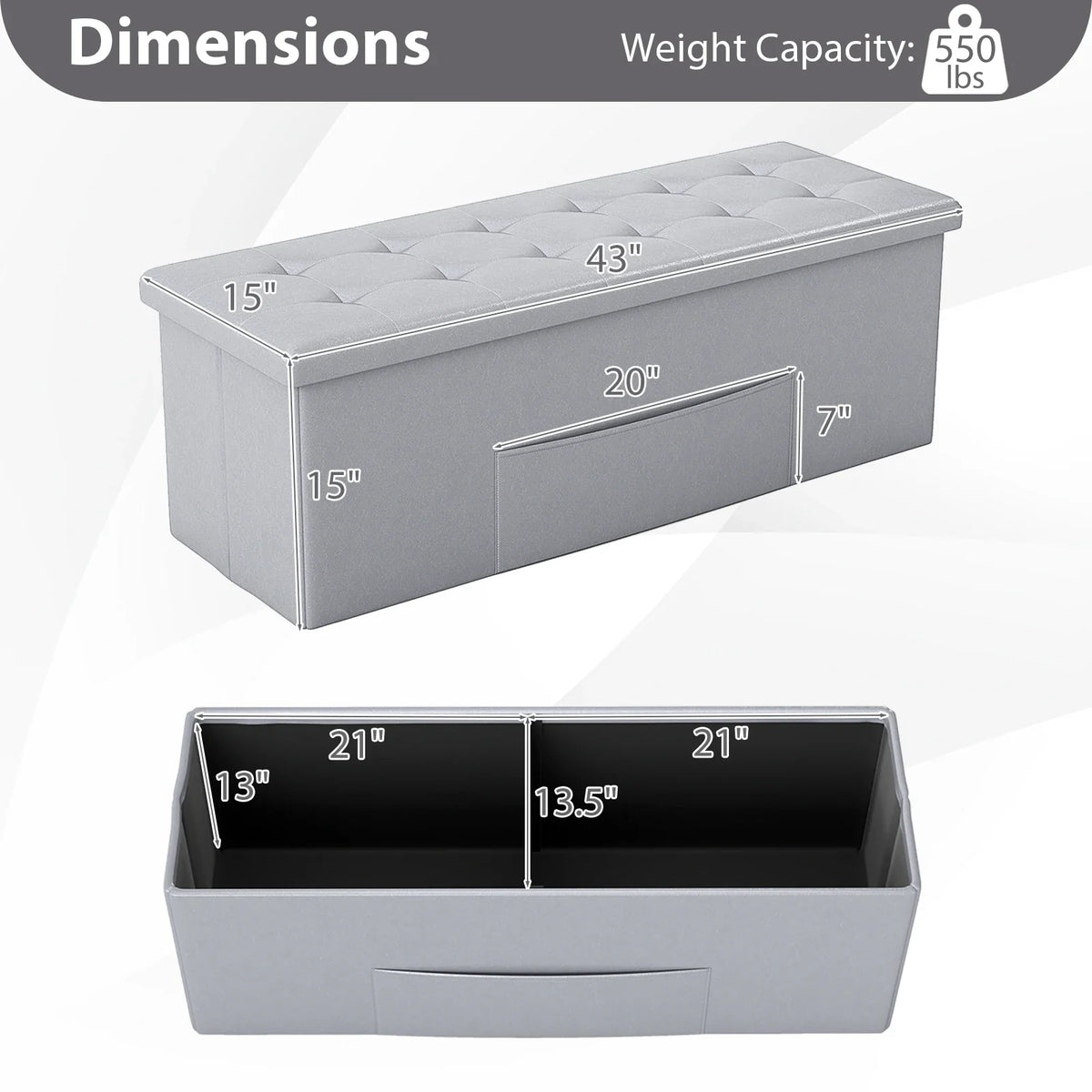 Folding Storage Ottoman Bench, 38-Gallon Organizer with Side Pocket and Removable Divider, 43-Inch PU Leather Seat for Bedroom or Entryway - product view 6