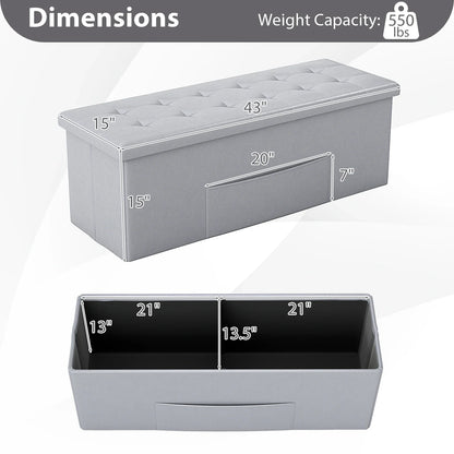 Folding Storage Ottoman Bench, 38-Gallon Organizer with Side Pocket and Removable Divider, 43-Inch PU Leather Seat for Bedroom or Entryway - product view 6