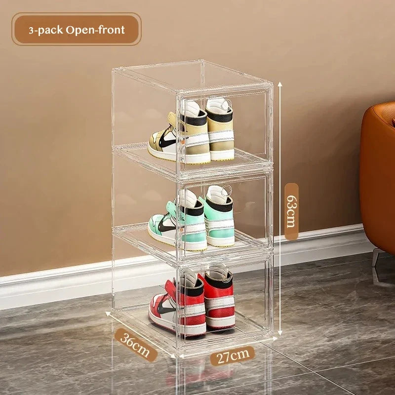 Stackable Shoe Storage Box, Clear PP Plastic Sneaker Organizer with Magnetic Door, Front or Side Opening, 1 or 3 Pieces - product view 4