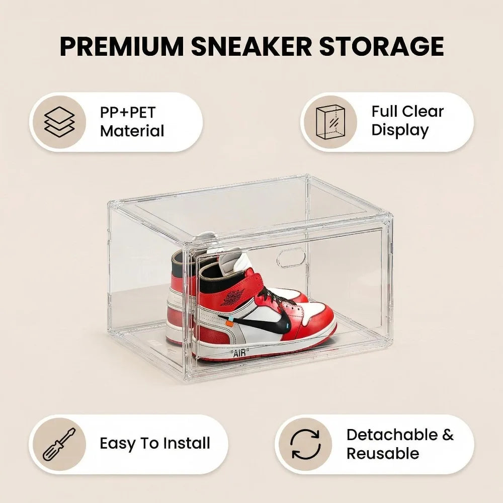 Stackable Shoe Storage Box, Clear PP Plastic Sneaker Organizer with Magnetic Door, Front or Side Opening, 1 or 3 Pieces - product view 6