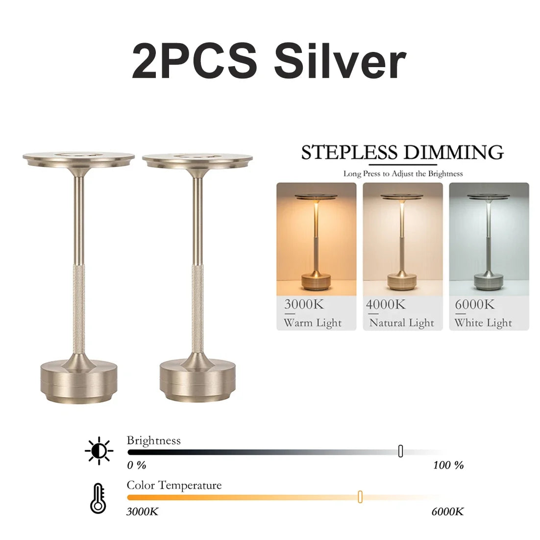 Rechargeable Table Lamp, Touch Control, Dimmable LED, Warm Neutral or White Light, 2-Piece Silver Set for Bedroom and Dining Room - product view 1
