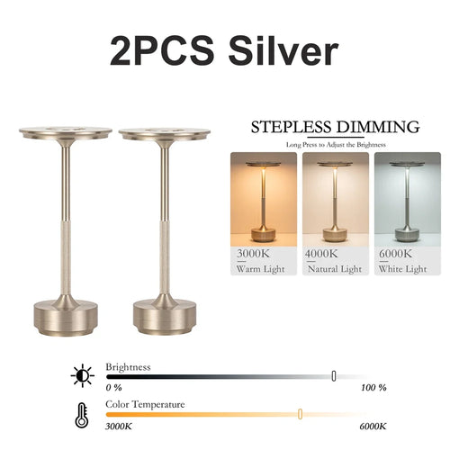 Rechargeable Table Lamp, Touch Control, Dimmable LED, Warm Neutral or White Light, 2-Piece Silver Set for Bedroom and Dining Room - product view 1