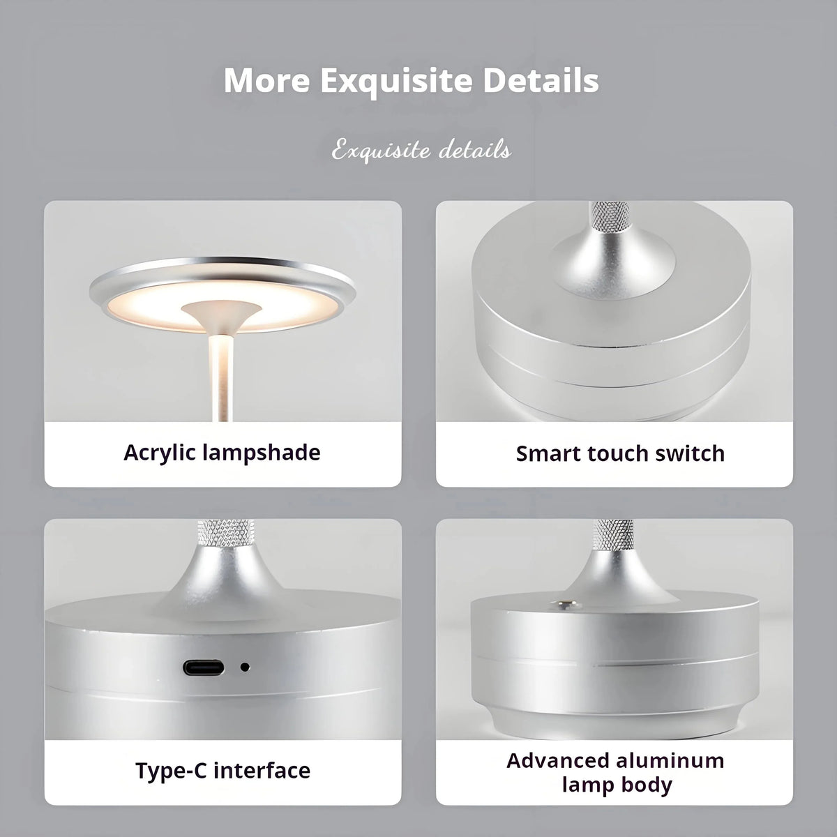 Rechargeable Table Lamp, Touch Control, Dimmable LED, Warm Neutral or White Light, 2-Piece Silver Set for Bedroom and Dining Room - product view 3
