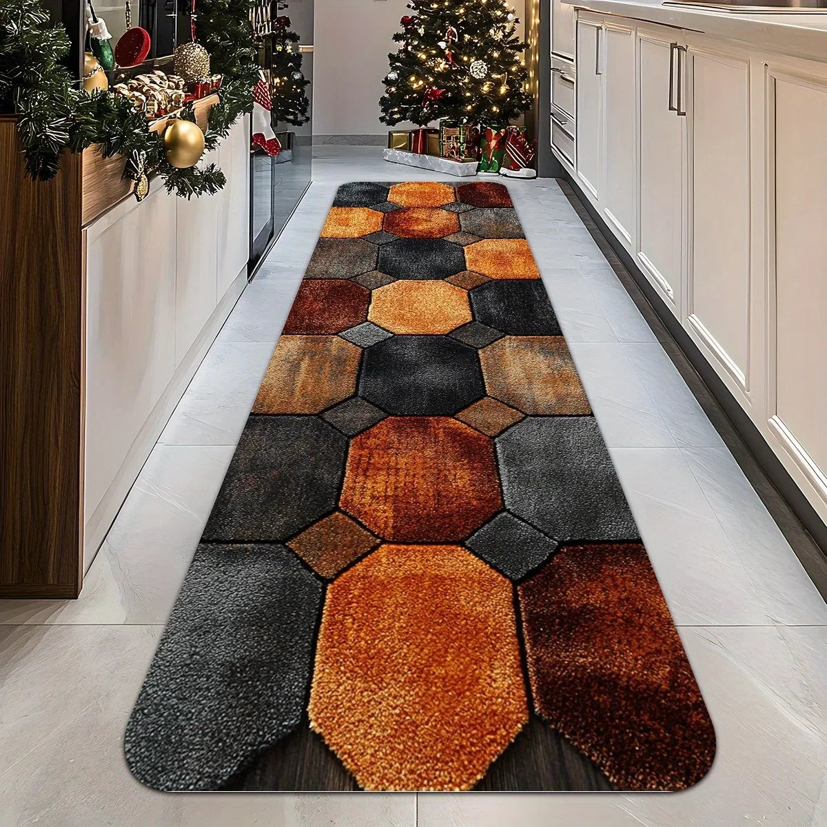 3D Octagonal Block Runner Rug, Geometric Pattern, Waterproof Anti-Slip Polyester Mat with PVC Backing, Six Sizes - product view 3