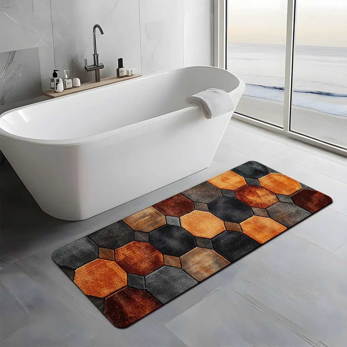 3D Octagonal Block Runner Rug, Geometric Pattern, Waterproof Anti-Slip Polyester Mat with PVC Backing, Six Sizes - product view 4