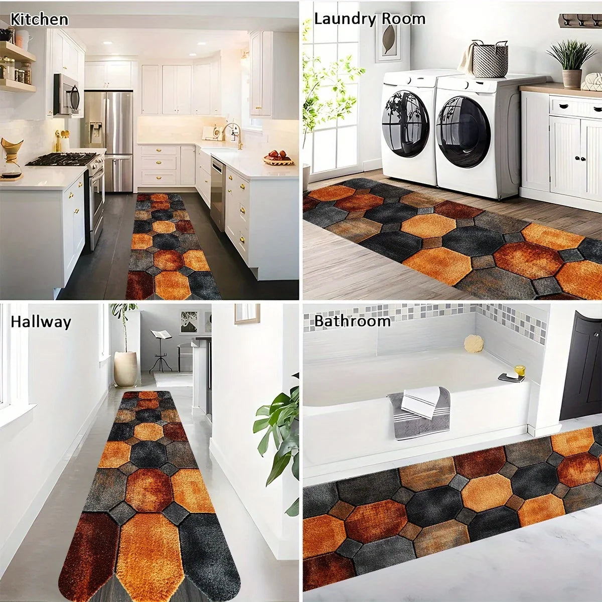3D Octagonal Block Runner Rug, Geometric Pattern, Waterproof Anti-Slip Polyester Mat with PVC Backing, Six Sizes - product view 5