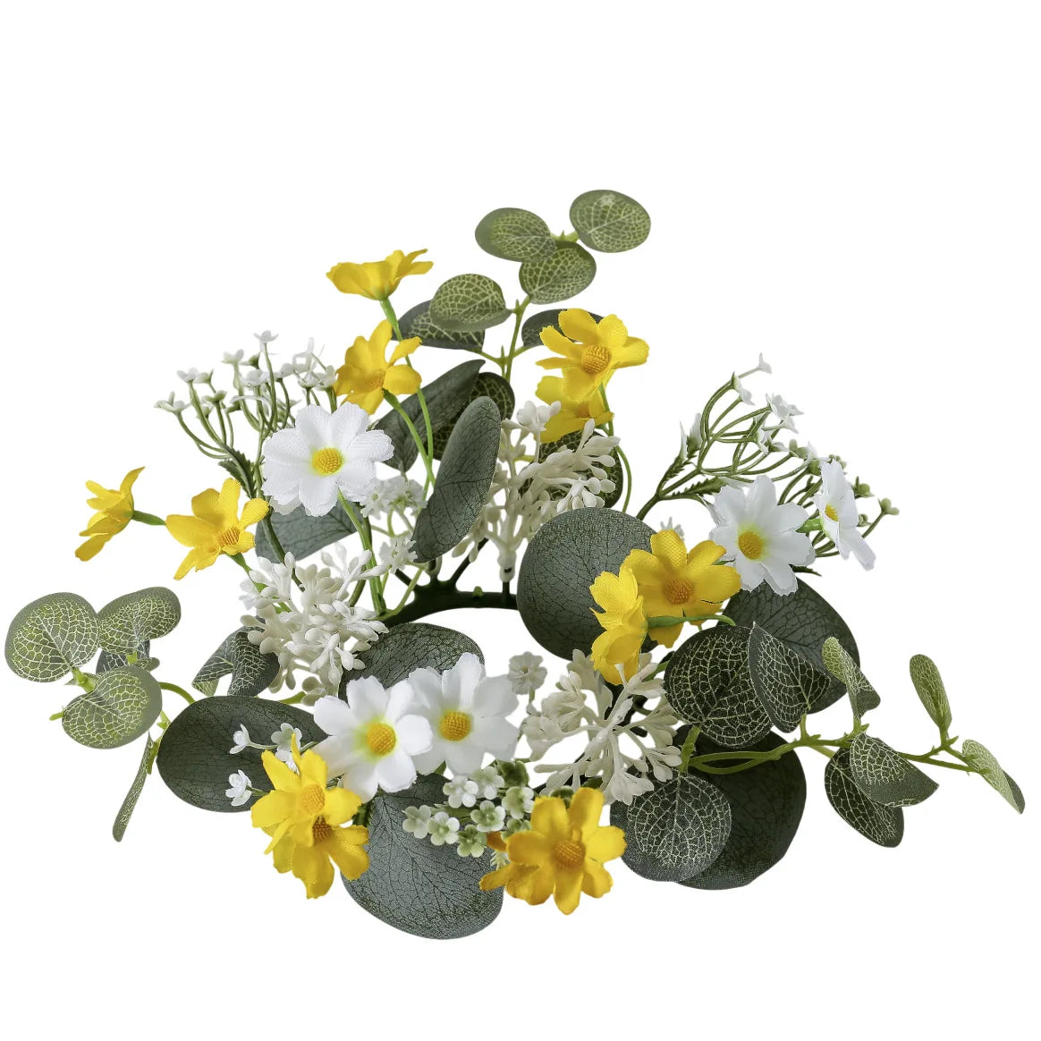 Artificial Daisy Eucalyptus Candle Ring, 25cm Plastic Mini Wreath, Yellow or White Spring Floral Garland for Home Décor - product view 1