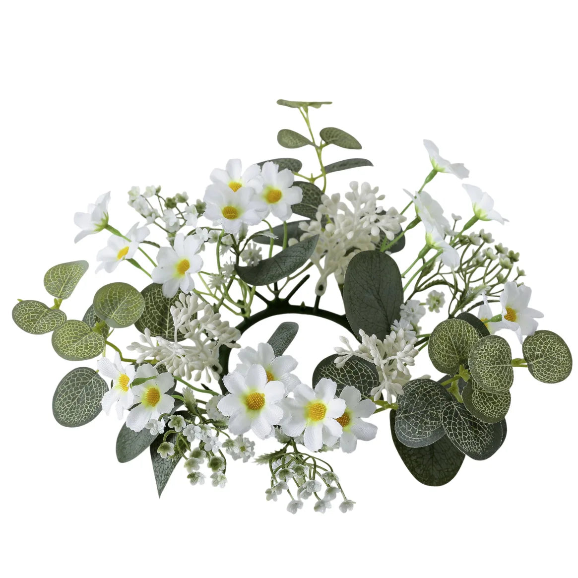 Artificial Daisy Eucalyptus Candle Ring, 25cm Plastic Mini Wreath, Yellow or White Spring Floral Garland for Home Décor - product view 2