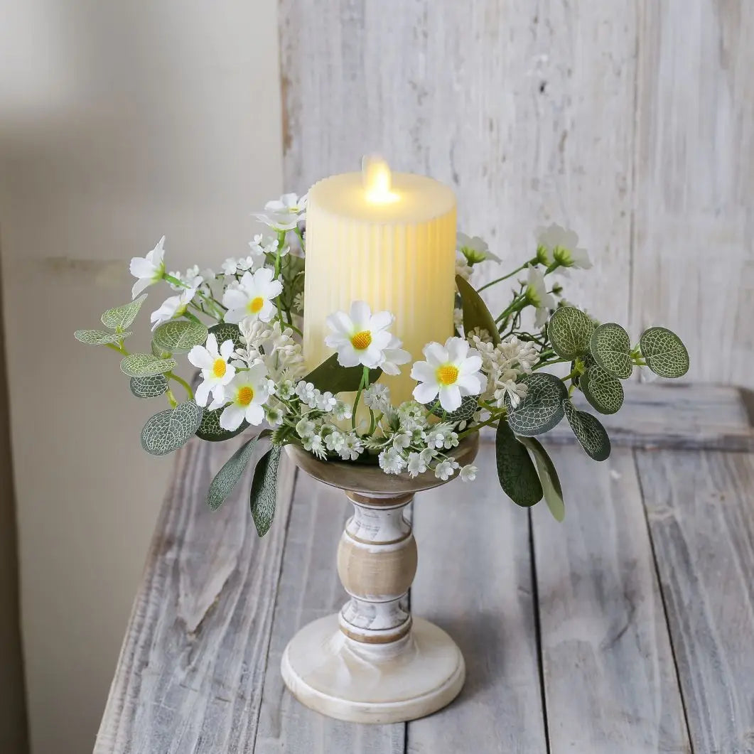Artificial Daisy Eucalyptus Candle Ring, 25cm Plastic Mini Wreath, Yellow or White Spring Floral Garland for Home Décor - product view 3