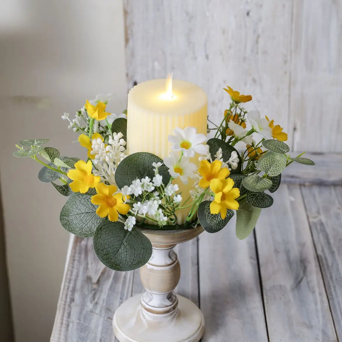 Artificial Daisy Eucalyptus Candle Ring, 25cm Plastic Mini Wreath, Yellow or White Spring Floral Garland for Home Décor - product view 4