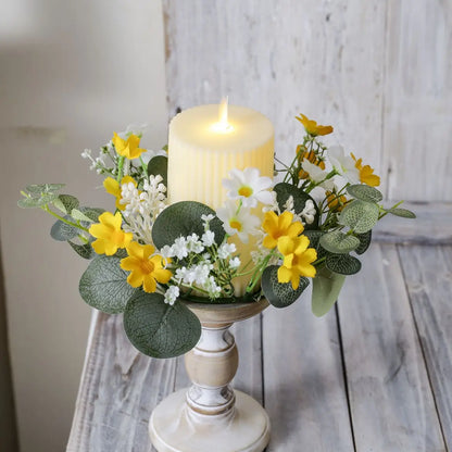 Artificial Daisy Eucalyptus Candle Ring, 25cm Plastic Mini Wreath, Yellow or White Spring Floral Garland for Home Décor - product view 4