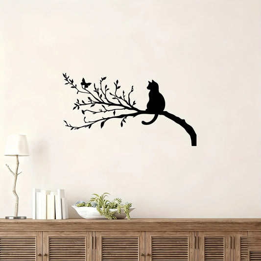 Cat and Butterfly Metal Wall Art, Powder-Coated Branch Sculpture for Living Room Décor, Pet Lover Gift and Nature Accent - product view 1