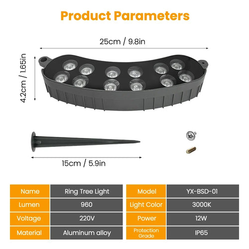 220V LED Tree Ring Landscape Light, Aluminum, IP65 Water Resistant, 3000K Warm White, 12W, Adjustable 30° Beam - product view 1