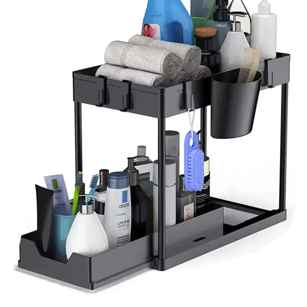 2-Tier Sliding Under Sink Organizer, Plastic Storage Baskets with 4 Hooks for Kitchen, Bathroom and Pantry Cabinets - product view 1